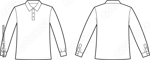 Technical flat sketch of men's polo shirt design, pointed collar, button placket, long sleeves, cuff detail, fashion illustration, garment construction, vector template