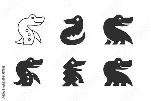 Crocodile Logo Grid. Crocodile Gena. Set Logo of Crocodile Side View: Minimal outline, Abstract geometric, Negative space, Flat solid, Symmetrical form, Iconic