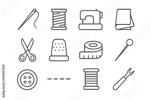 Sewing Icon Set. Sewing details. Line icon set of sewing details: needle, thread, sewing machine, fabric fold, scissors, thimble, measuring tape, pin, button,