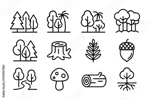 Minimalist forest icon set with trees, leaves, and nature elements