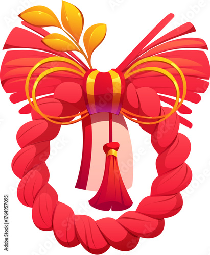 Cartoon Japanese shimenawa new year wreath with braided rope, ornamental bow, tassel, and golden leaves. Vector traditional decoration hung at entrances to welcome good fortune, ward off evil spirits