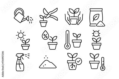 Gardening icon set: simple line art for plant care and growth