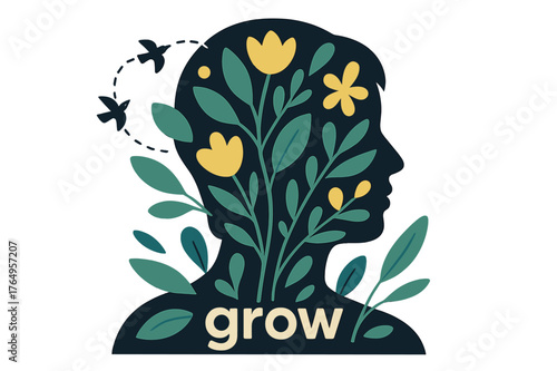 Double Exposure Garden. Conceptual Portrait ? Double Exposure Garden. Leaves and petals silhouette within the subject?s profile; tiny birds trace a looping