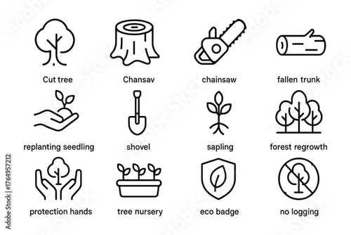 Environmental icons: tree cutting and reforestation in linear design