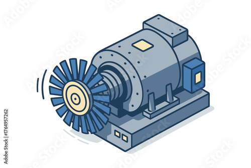 Isometric turbine in motion: industrial equipment icon with rotating wheel