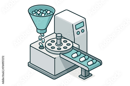 Isometric capsule production machine with conveyor belt in a 3d style