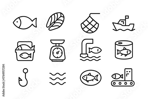 Fishing and seafood line icons collection featuring boats and equipment