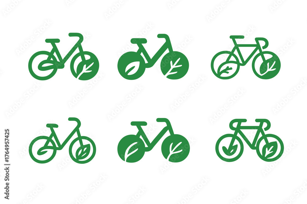 Fototapeta premium Eco Commuting Logos. Eco commuting. Set Logo of Eco commuting: bicycle with leaf wheel. harmonious logo variations of the same emblematic concept, each with