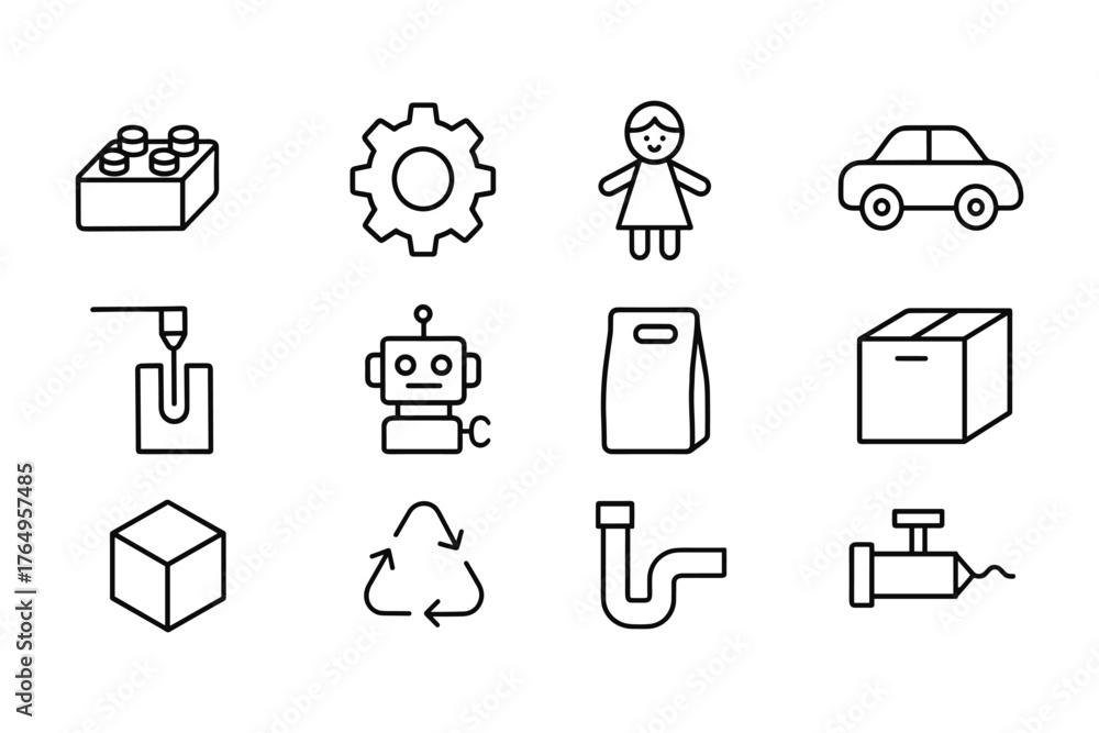 Obraz premium Simple line icons of toys, industry, and recycling - minimalist collection