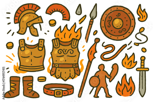 Ancient Armor Doodle. Ancient armor. Colorful Hand-drawn doodle Children illustration Ancient armor bronze helmet, chest plate, round shield, sword, belt,