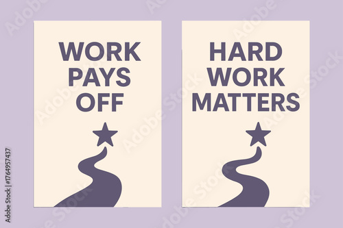 Motivational Banner Design. Work pays off. Two vertical A6 banners with safe margins, centered composition, no elements touching edges, minimal, lavender and