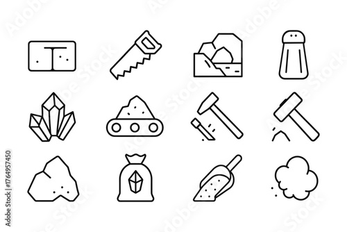 Minimalist linear icons of mining tools and minerals for industry applications