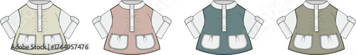 Set of technical flat sketches showing a children's zip-up gilet vest with pockets, presented as a fashion design template in multiple colorways