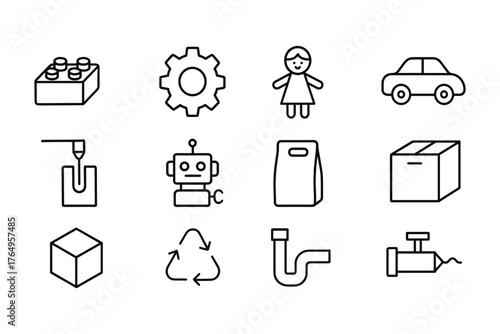 Simple line icons of toys, industry, and recycling - minimalist collection