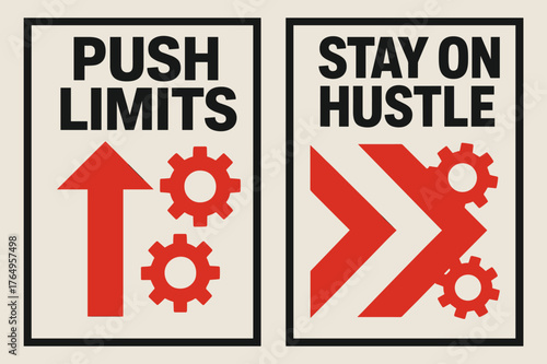 Brutalist Motivation Banners. Push limits. Two vertical A6 banners with safe margins, centered composition, no elements touching edges, brutalist, black and