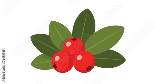 A close up of ripe red cranberries with vibrant green leaves.