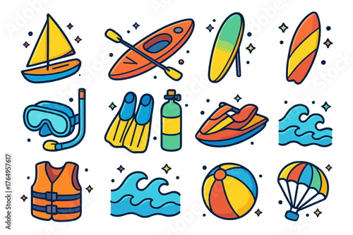 Ocean Adventure Icons. Ocean adventure. Colorful isometric vector icons set of ocean adventure: sailboat, kayak, paddleboard, surfboard, snorkeling mask,