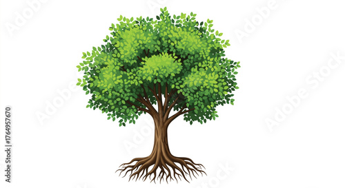 A lush green tree with sprawling roots stands tall against a white background.