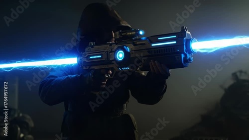 Mysterious hooded figure wielding a powerful blue energy weapon in a dark scifi setting