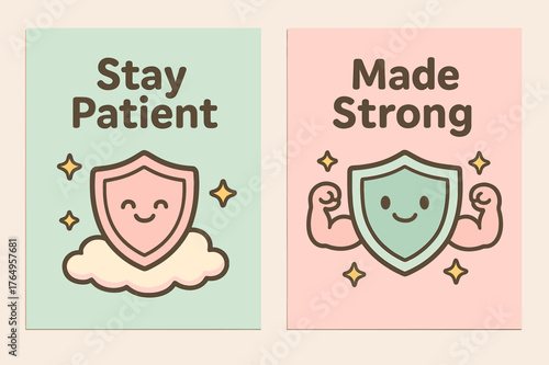 Stay Patient Banners. Patience & Power. Two vertical A6 banners with safe margins, centered composition, no elements touching edges, cartoon, pastel mint and