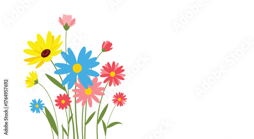 A colorful arrangement of wildflowers in full bloom with green stems.