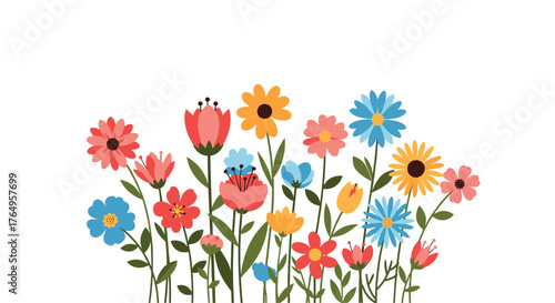 A vibrant collection of colorful wildflowers blooming beautifully on a white background.