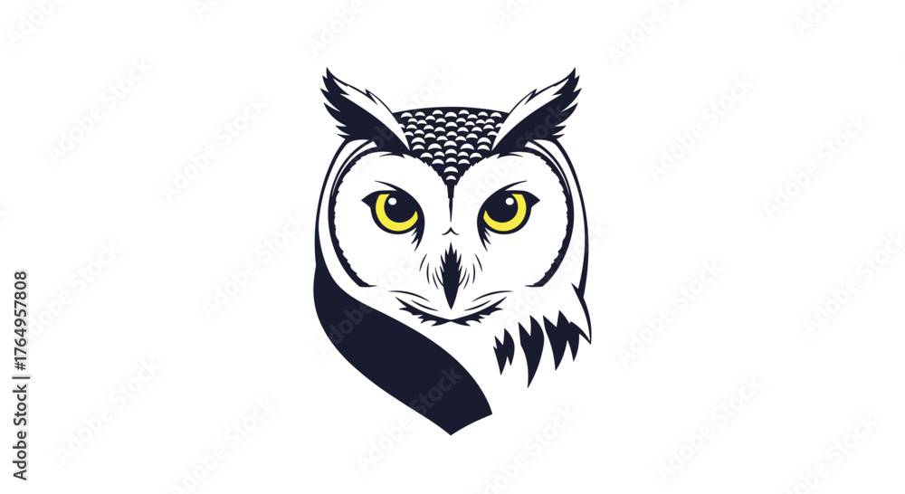 Obraz premium Wise owl with large yellow eyes looking directly forward.