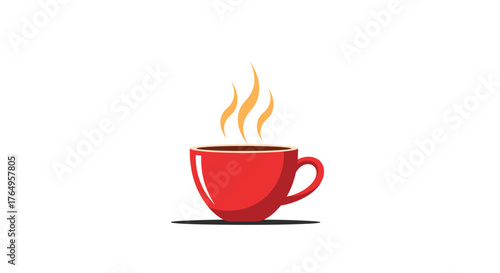 A red cup of hot coffee with steam rising into the air.