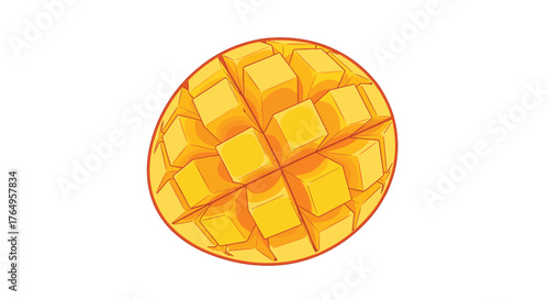 A ripe mango sliced into a crosshatch pattern on a white background.