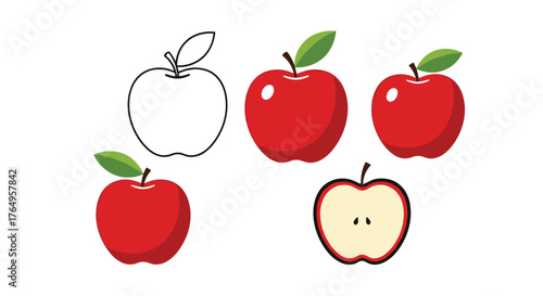 Drawing of a single apple with a leaf on a stem followed by three whole red apples and one halved apple.