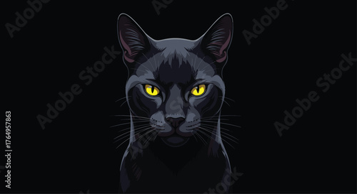 Mysterious black cat with piercing yellow eyes gazes intently.