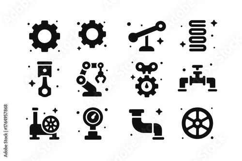 Mechanical Gadget Icons. Mechanical Gadgets. Solid icons set of Mechanical Gadgets: gear, cogwheel, lever, spring, piston, mechanical arm, clockwork, valve,