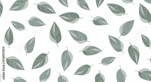 A pattern of green leaves scattered across a white background.