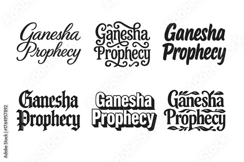 Ganesha Lettering Variations. Ganesha Prophecy. Set lettering. harmonious lettering variations of the same emblematic concept, each with different artistic