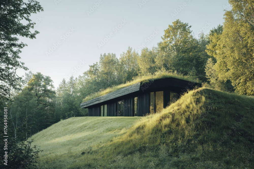 Fototapeta premium Modern eco-friendly house blends with nature on a hillside surrounded by lush trees in a serene landscape during early morning light
