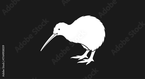 A black and white kiwi bird illustration on a dark background.