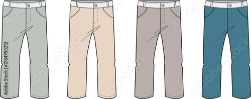 A versatile collection of casual trousers in various contemporary color options, showcasing comfortable design for everyday wear, ideal for fashion illustration and apparel mockups