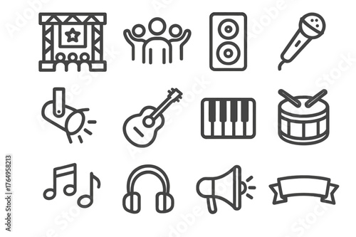 Music Festival Icons. Music festival. Line icon set of music festival: stage, crowd, speaker, microphone, spotlight, guitar, piano, drum, music