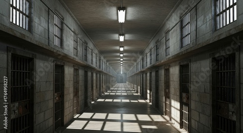 Wallpaper Mural Prison Hallway: Endless Corridor of Cells and Shadowy Light Torontodigital.ca