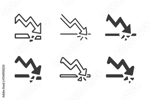 Market Risk Logos. Market volatility risk. Set Logo of Market volatility risk: zigzag graph breaking support. harmonious logo variations of the same emblematic