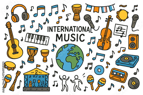 Global Music Festivity. International music. Hand-drawn doodle illustration globe (colored), musical notes (colored), guitar (colored), piano (colored), drums