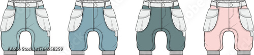Set of kids' cargo jogger pants in four different colorways. Fashion flat technical sketch template for children's apparel design