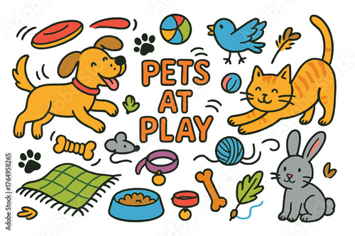 Playful Pets Doodle. pets at play. Colorful Hand-drawn doodle Children illustration pets at play dog, cat, ball, chew toy, yarn, mouse toy, frisbee, bone,