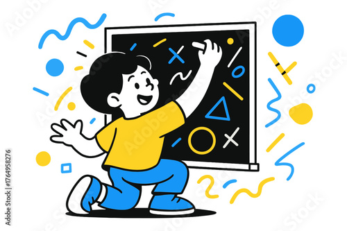 Playful Chalkboard Art. Drawing. Child drawing on a chalkboard with floating abstract geometric lines and shapes, energetic and playful learning scene. Modern