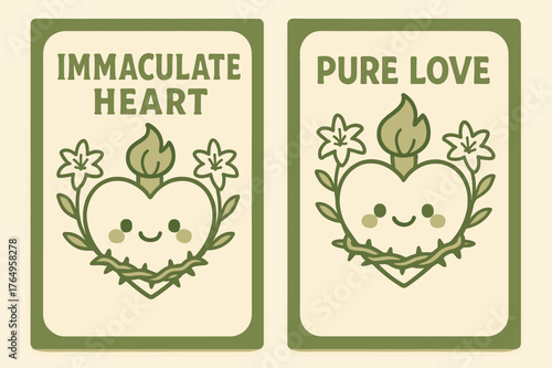 Kawaii Immaculate Heart Banners. Immaculate Heart. Two vertical A6 banners with safe margins, centered composition, no elements touching edges, kawaii, olive