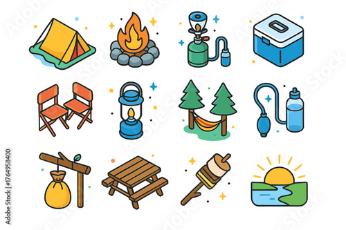 Riverside Camping Icons. Riverside campsite. Colorful isometric vector icons set of Riverside campsite: riverside tent, campfire ring, backpacking stove,