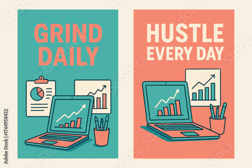 Grind and Hustle Banners. Grind daily. Two vertical A6 banners with safe margins, centered composition, no elements touching edges, modern, turquoise and