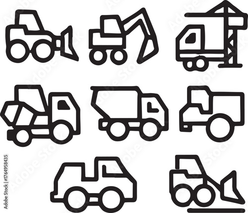 Construction truck fleet icon set vector illustrating heavy vehicles, machinery, and building work.