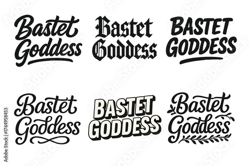 Bastet Lettering Variations. Bastet Goddess. Set lettering. harmonious lettering variations of the same emblematic concept (Bold hand-lettering with playful