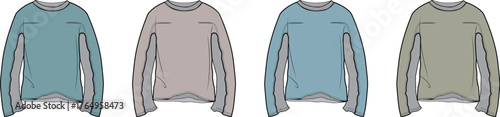 Vector illustration set of long-sleeved pullover sweatshirt templates in four different muted color options for apparel mockups